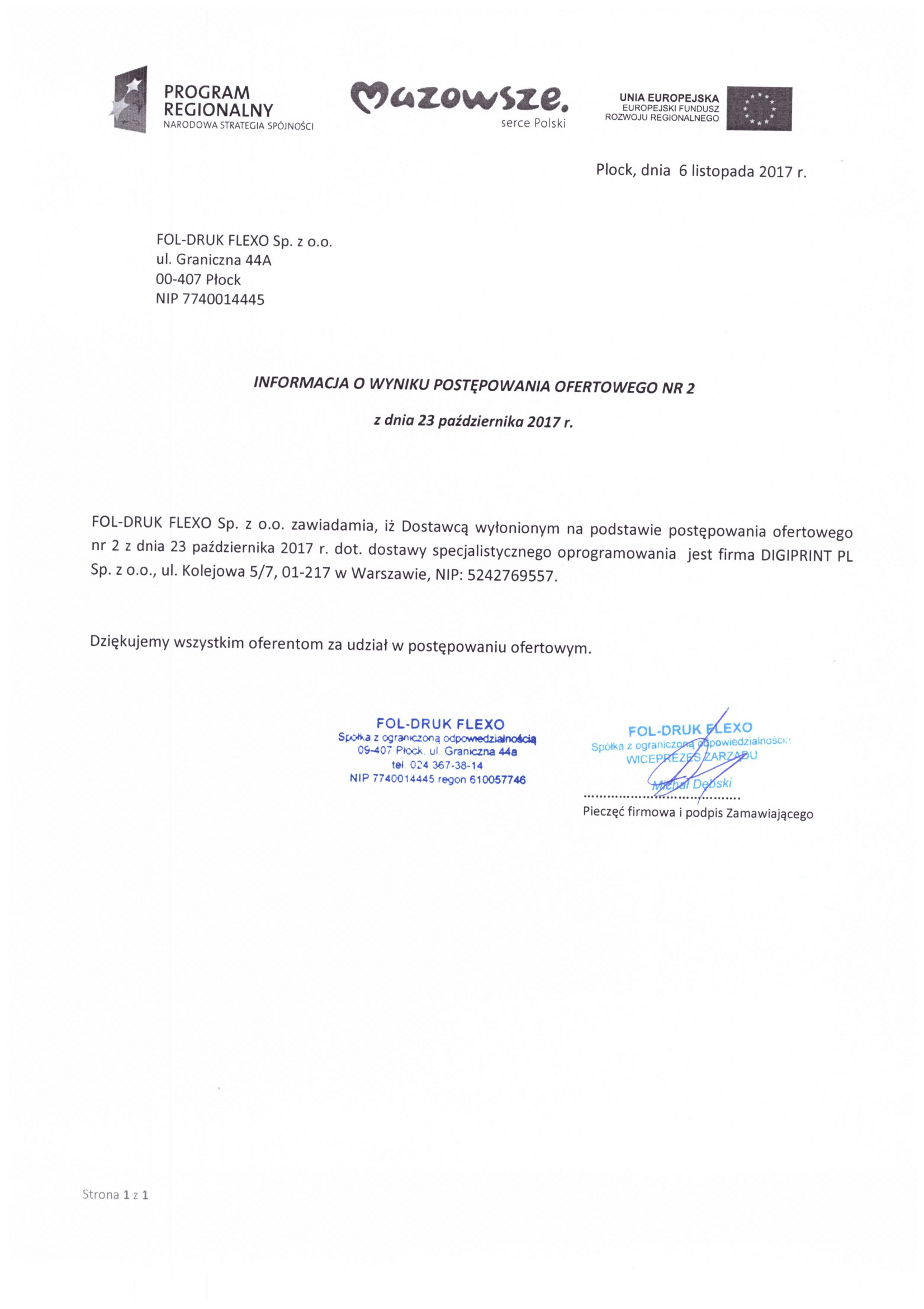 Informacja o wyborze wykonawcy, strona 1