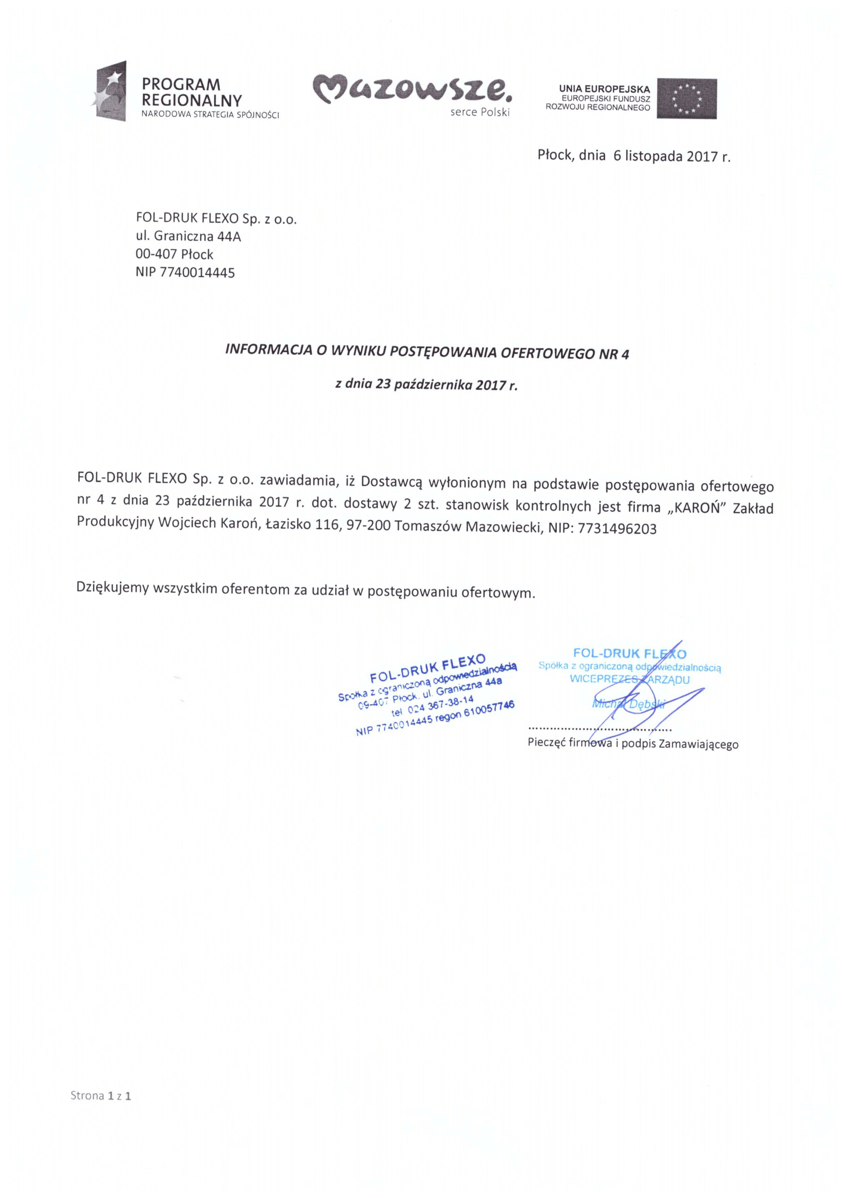 Informacja o wyborze wykonawcy, strona 1