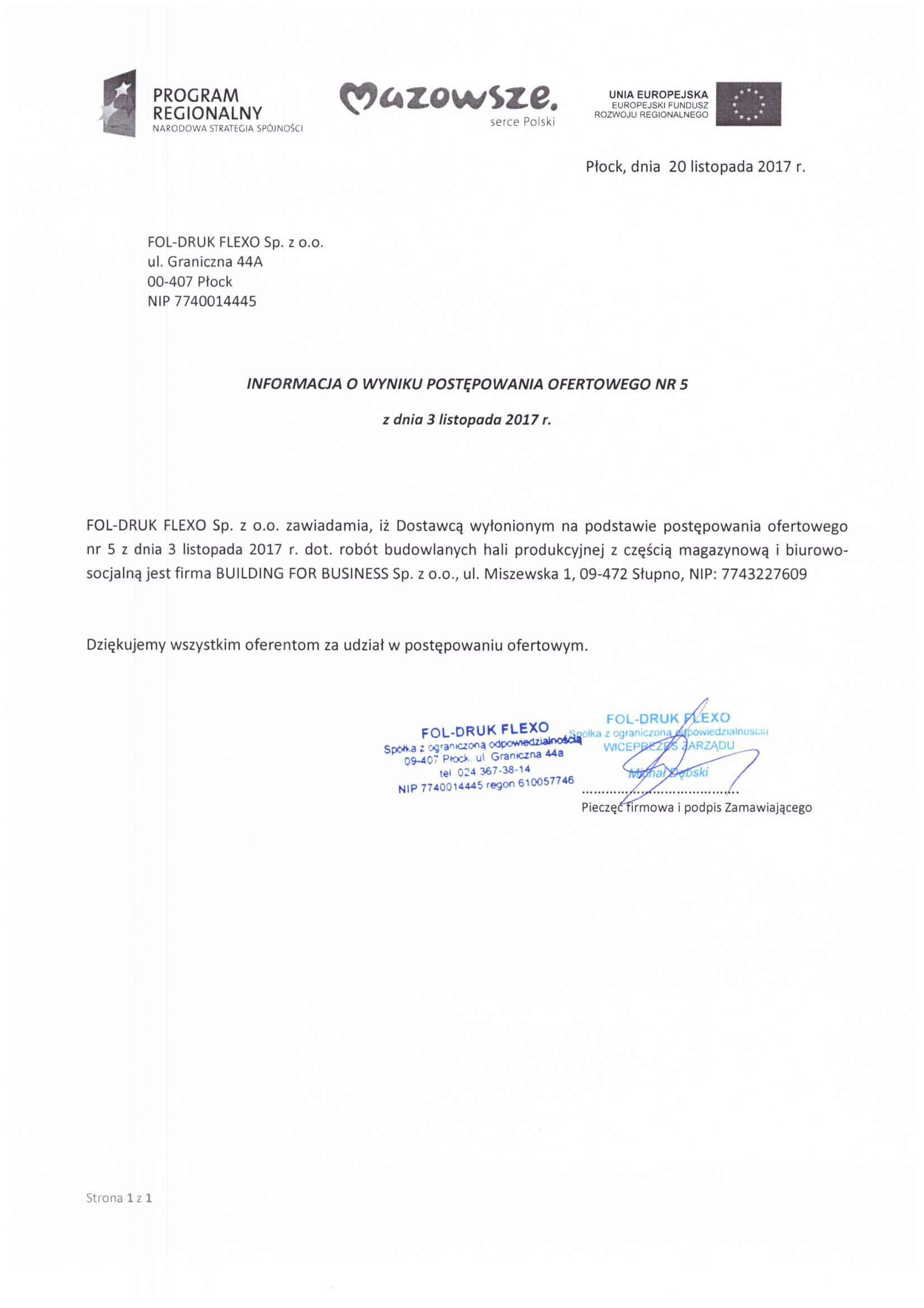 Informacja o wyborze wykonawcy, strona 1