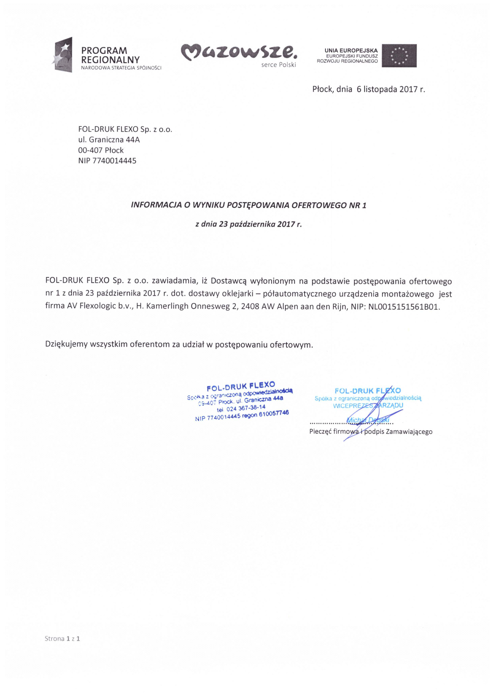 Informacja o wyborze wykonawcy, strona 1