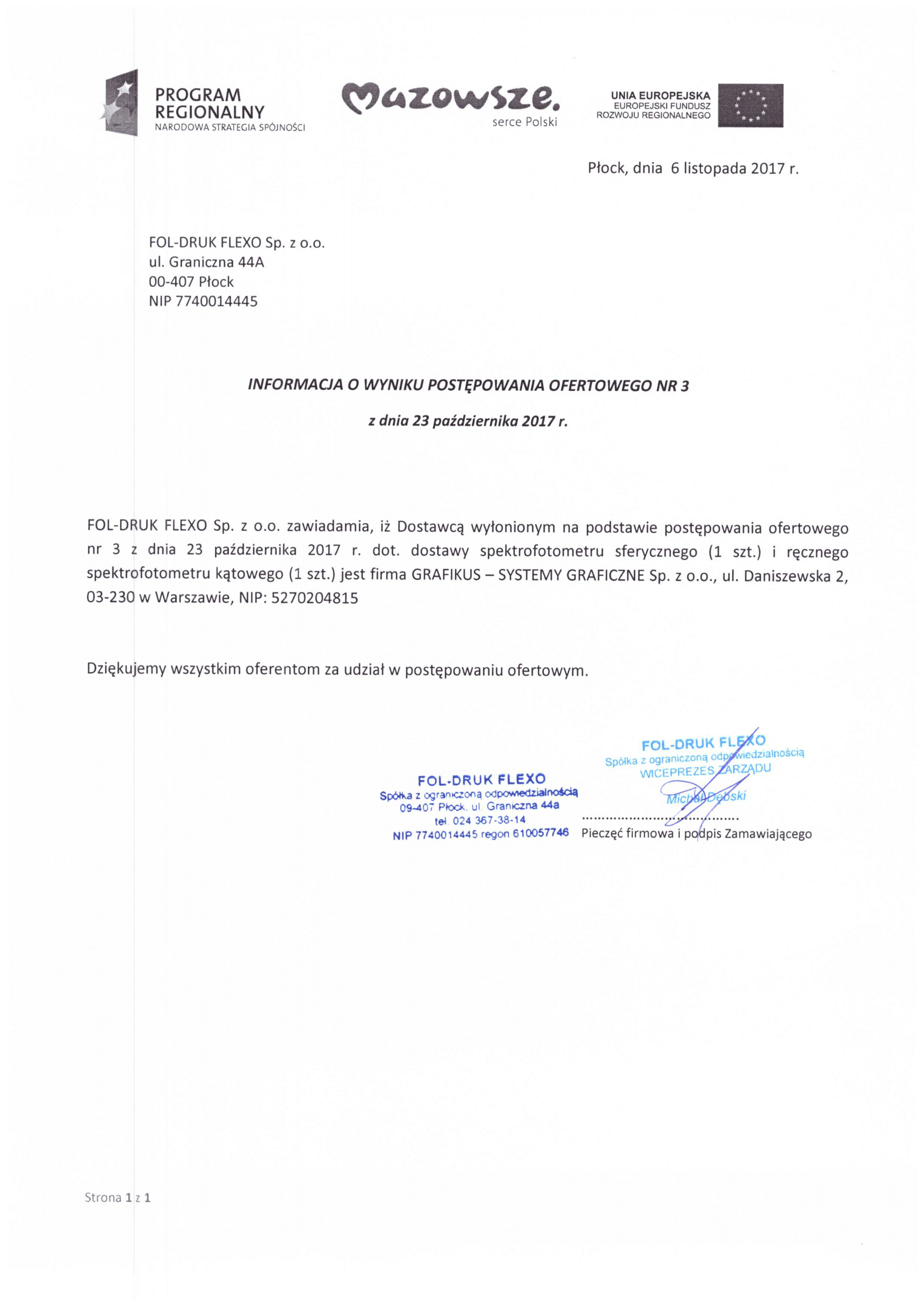 Informacja o wyborze wykonawcy, strona 1